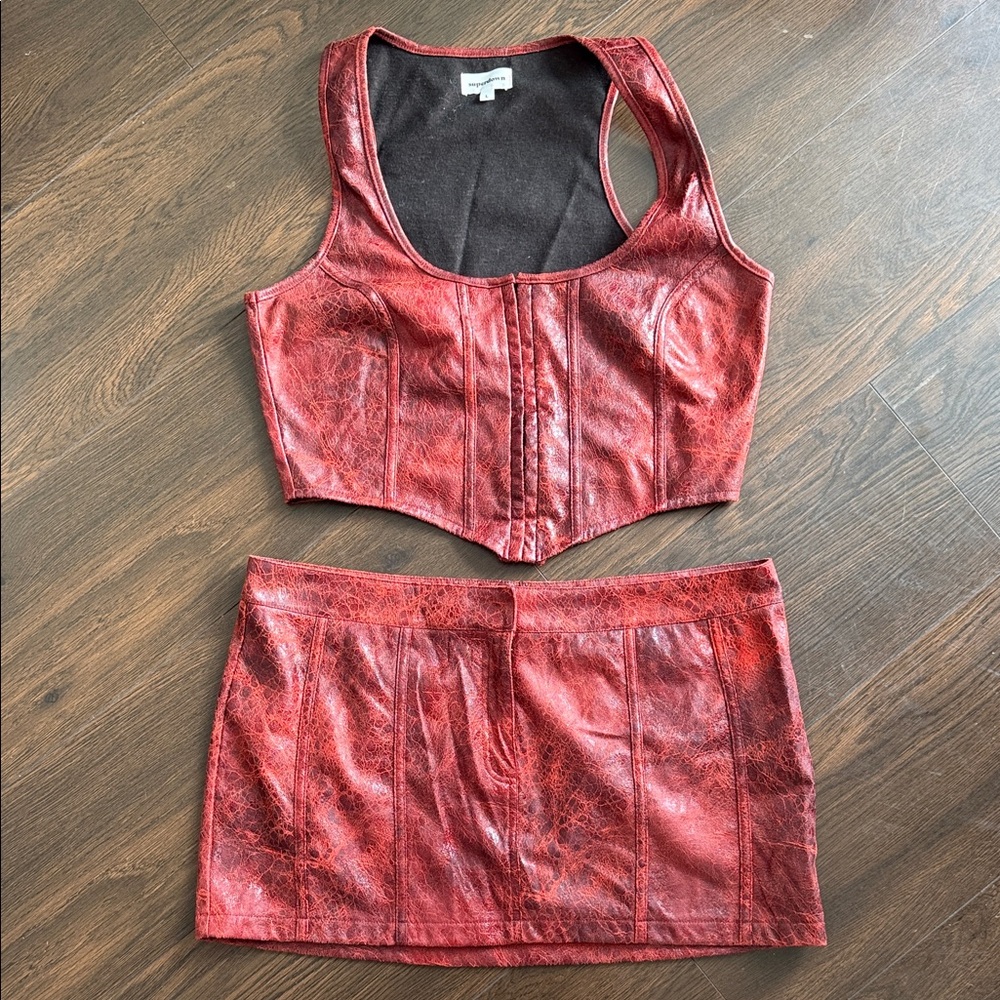 Superdown Crimson Faux Leather Skirt Set